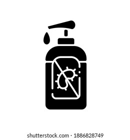 Pump bottle sanitizer black glyph icon. Antibacterial gel in tube. Disinfectant wash for hand sanitation. Personal hygiene product. Silhouette symbol on white space. Vector isolated illustration