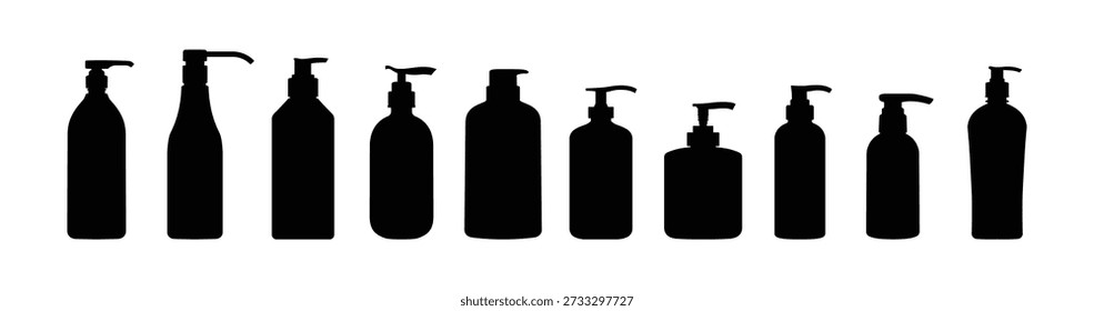 Pump bottle silhouette set isolated on white background vector illustration.