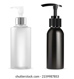 Pump bottle. Soap dispenser cosmetic container mockup. Opaque glass antibacterial essence sanitizer, coronavirus detergent. Cosmetic cleanser fluid design