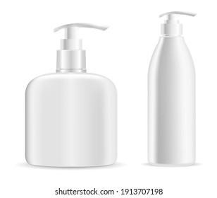 Pump Bottle. Soap Dispenser Mockup, Cosmetic Lotion Bottle Blank. Plastic Body Gel Container Or Cream Shampoo Packaging Product. Intimate Care Cosmetics Batcher Bottle Mock Up