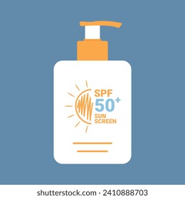 Bombear el frasco con crema de protección solar o loción. Diseño de productos de pantalla solar. Producto SPF 50. Ilustración del vector