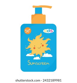 Pump bottle with a sunscreen cream or lotion for kids. Baby Sunscreen product design with a cute sun. SPF 50. Vector illustration