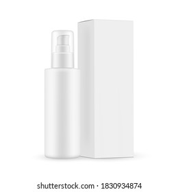 Pump bottle with transparent cap, paper box mockup side view isolated on white background. Vector illustration