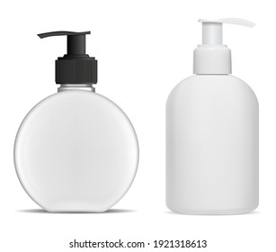 Pump bottle white plastic mockup. Soap dispenser bottle, liquid shower gel container design. Moisturizer package illustration, antibacterial detergent. Face hygiene product mock up