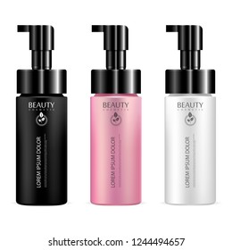 Pump bottles for cosmetic products. Dispenser pump containers mockup template. 3d realistic vector illustration.