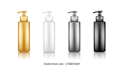 Pump bottles mockup: lotion, disinfectant, cream, sanitizer. Plastic package design. Gold, silver, black, white cosmetic, hygiene skin care template. Set of isolated 3d realistic vector illustrations