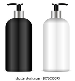 Pump bottles set realistic eps10 vector illustration. Black and white color. Elite cosmetics package with dispenser for liquid soap, cream, shampoo, oil gel.