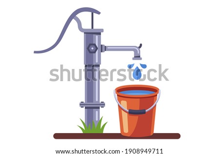 pump a bucket of water from the well. rural water column. flat vector illustration isolated on white background.