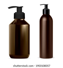 Pump dispenser bottle. Soap, shampoo bottles mockup vector blank. Brown package with dispenser cap for cosmetics lotion product, realistic 3d pack. Desinfecant container with pump batcher