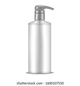 Pump dispenser bottle with white blank label, realistic mockup. Beauty cosmetic product packaging container, vector template.