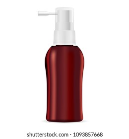 Pump dispenser hair tonic bottle mock up. Brown isolated Vector illustration. Cosmetics or medical inhalator packaging with spray lid. 