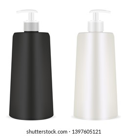 Pump Dispenser. Plastic Cosmetic Bottle. 3d Realistic Container Template. Isolated Black and White Mockup for Shampoo, Gel, Spray, Body Lotion, Shampoo.