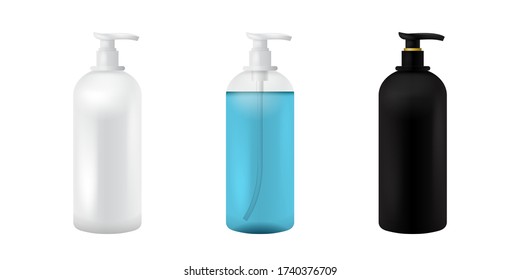 Dispensador de la bomba. Frasco de plástico cosmético. Aislado Negro, Blanco y transparente Trampa para sopa Gel, Spray, Body Lotion, Shampoo. 3d Plantilla De Contenedor Realista. Juego de maquillaje para el embalaje médico