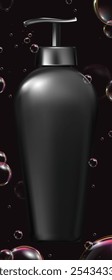 Pump dispenser soap bottle with bubbles on black background.Silver Liquid shower gel product,Vector mockup Grey Shampoo pump plastic packaging,Moisturizer container,Realistic bath product