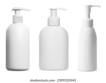 Pump dispenser soap bottle mockup. Liquid shower gel product pack, vector illustration. Shampoo pump package, isolated. Moisturizer product container, realistic sanitary disinfectant dispenser