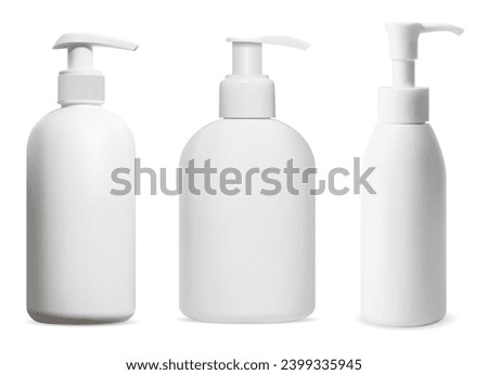 Pump dispenser soap bottle mockup. Liquid shower gel product pack, vector illustration. Shampoo pump package, isolated. Moisturizer product container, realistic sanitary disinfectant dispenser