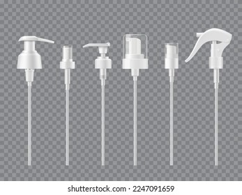 Pump droppers, bottle or cosmetic container spray caps, vector white mockups. Plastic dropper pumps of lotion, shampoo or atomizer sprayer and liquid soap dispenser lid with trigger and nozzle