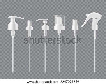 Pump droppers, bottle or cosmetic container spray caps, vector white mockups. Plastic dropper pumps of lotion, shampoo or atomizer sprayer and liquid soap dispenser lid with trigger and nozzle