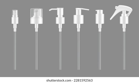 Pump droppers, isolated vector 3d bottle or cosmetic container spray caps mockup. White plastic pumps for lotion, shampoo or atomizer sprayer and liquid soap dispenser lid with trigger and nozzle