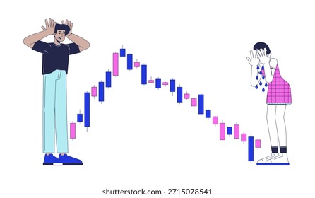 Bomba y volcado concepto de ilustración 2D. Comercio emocional. Inversores llorando y conmocionados por la caída del mercado con personajes de dibujos animados de candelabros aislados en blanco. Metáfora del Vector plano