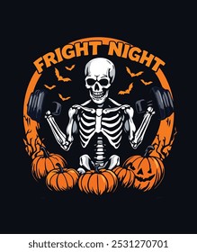 Pump up the fear with this Halloween-themed t-shirt! A skeleton shows off its strength with dumbbells, while pumpkins and bats add to the spooky vibe.