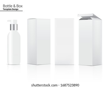Pump Glossy Bottle Mock up Realistic Cosmetic and 3 Dimensional Box for Whitening Skincare and Aging anti-wrinkle merchandise on White Background Illustration. Health Care and Medical Concept Design.