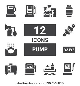 pump icon set. Collection of 12 filled pump icons included Fuel, Oil, Gas pump, Water tank, Valve, Submerge, Damper, Gasoline station, Gas, Breast Gas station, Pollution