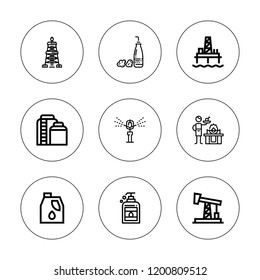 Pump icon set. collection of 9 outline pump icons with derrick, ethanol, gas, liquid soap, oil pump, plunger, tank icons. editable icons.