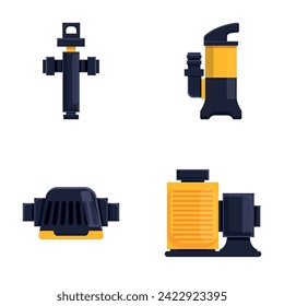 Los iconos de la bomba establecen el vector de la caricatura. Agua y bombeo líquido. Equipo técnico