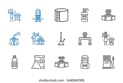 pump icons set. Collection of pump with gas station, water tank, valve, fuel, oils, gas, pipeline, plunger, pollution, shampoo, industry tank. Editable and scalable pump icons.