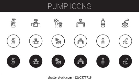 pump icons set. Collection of pump with shampoo, valve, gas, pipeline, oils, pollution. Editable and scalable pump icons.
