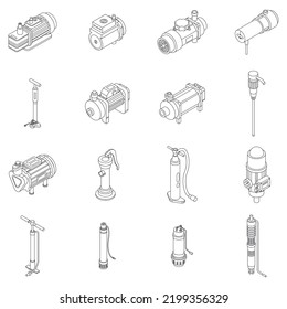 Symbolsatz pumpen. Isometrische Reihe von Vektorsymbol der Pumpen-Vektorsymbole umreihen dünne Linie einzeln auf weiß