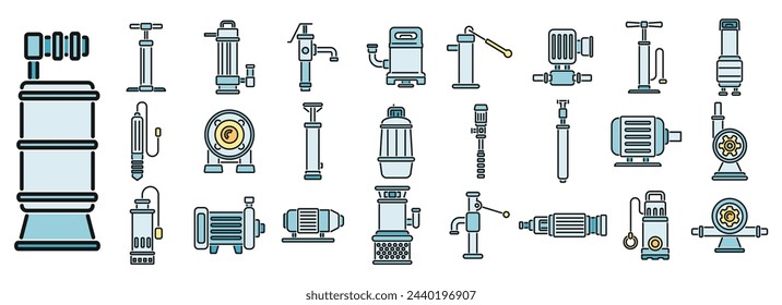 Iconos de la bomba establecen el vector de contorno. Tanque de agua. Sistema de estación de línea fina de color plano aislado