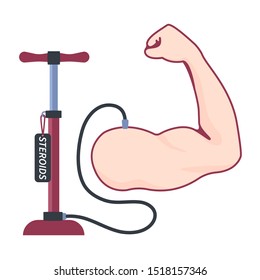 Pump inflating steroids and growth supplements into bodybuilder’s strong muscular arm. Sportsman taking doping, anabolic and protein. Sport and fitness concept. Vector cartoon illustration.