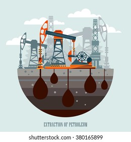 Pump jack in the Background of Fir Trees and Working Oil Pumps and Drilling Rig, Oil Pump, Petroleum Industry. Flat design. Vector Illustration