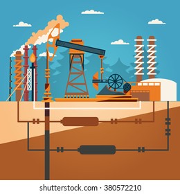 Pump jack in the Background of Fir Trees and Working Oil Pumps and Drilling Rig, Oil Pump, Petroleum Industry. Flat design. Vector Illustration