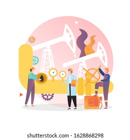 Pump jack extracting crude oil from oil well, male characters working on pipeline, vector illustration. Petroleum production and transportation, pipeline industry concept for website page etc.