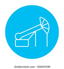 Pump jack oil crane line icon for web, mobile and infographics. Vector white icon on the light blue circle isolated on white background.