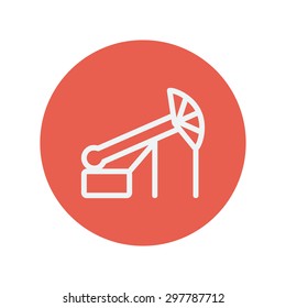 Pump jack oil crane thin line icon for web and mobile minimalistic flat design. Vector white icon inside the red circle.