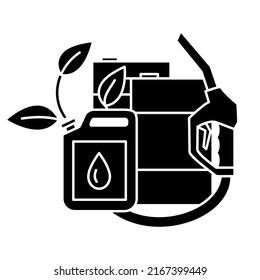 Pump nozzle with growing green leaf, oil barrel and fuel canister in glyph. Ecological biofuel concept. Eco friendly industry, alternative energy symbol. Vector