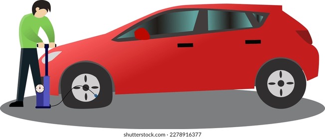 pump up a punctured car tire, Car tire inflated through air pump vector graphic illustration, man driver hand inflating tires of vehicle vector, driver inflating tire vector illustration