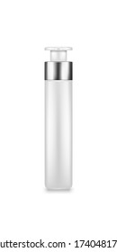 Pump serum bottle mockup with silver cap isolated on white background. Plastic package design. Blank cosmetic, hygiene, skincare template. 3d realistic vector illustration