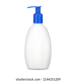 Pump shampoo bottle mockup, white container. Liquid soap dispenser package. Realistic template of plastic bottle for for hair moisturizer. Shower gel dispenser valve jar, face wash product