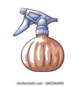Pulverización de la bomba con un icono dibujado a mano con agua. Frasco, contenedor con pulverizador para estilista de pelo, barbero. Herramienta de salón de peluquería. Aerosol. Ilustración vectorial aislada en fondo blanco.