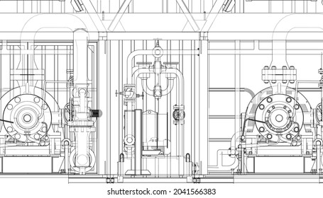 Pump station. Vector rendering of 3d. Wire-frame style. The layers of visible and invisible lines are separated. Orthography or isometric