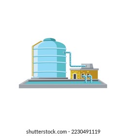 Pump station for water cartoon illustration. Water tank, liquid treatment plant, industrial wastewater separator. Filtration, technology, industry concept