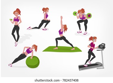 pump stretching yoga fit ball running track fitness character set vector white