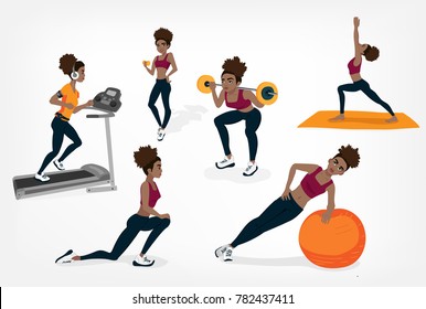 Pump Stretching Yoga Fit Ball Running Track Fitness Character Set Vector Black Girl