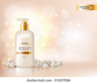 Pump top bottle with organic cosmetic lotion and gold cap decorated with scattering of pearls and glare background realistic vector illustration