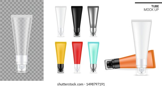 Pump Tube Mock up Realistic Transparent, Black and White Cosmetic or Sauce Food. Health care and Medical Product Packaging for Cream, Serum, Oil Template Set for Skincare. Background Vector